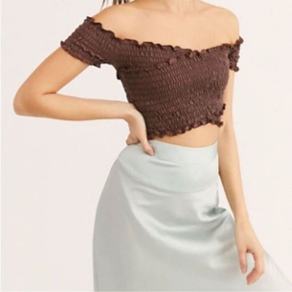 FREE PEOPLE “SMOCK IT TO ME” CRISS CROSS OFF THE SHOULDER CROP TOP BLACK  SMALL - Picture 1 of 10